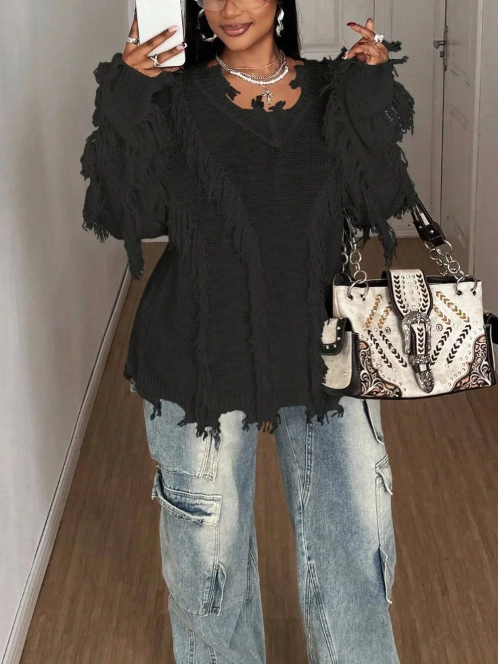 Black Casual Women's Loose V-Neck Tattered Drop Sleeve Pullover
